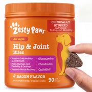Zesty Paws front packaging showing bacon chews and 90 count benefit