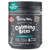Zesty Paws envase frontal mostrando 90 masticables calmantes y beneficios