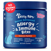 Zesty Paws envase frontal de 90 chews salmón mostrando beneficios para piel y defensa