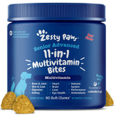 Zesty Paws frasco frontal mostrando 90ct y beneficio de soporte multivitamínico