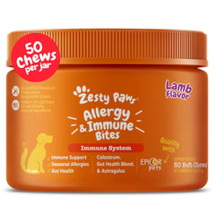 Zesty Paws frasco delante mostrando etiqueta y cantidad 50 ct y facilidad de uso