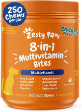 Zesty Paws frente del envase mostrando 250 mordiscos para administración fácil