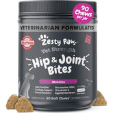 Zesty Paws front jar showing beef and bacon chews, clear benefit of joint support