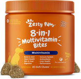 Zesty Paws front label of peanut butter multivitamin chews showing jar and benefits