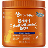 Zesty Paws front packaging showing bottle and 90-count chews benefiting daily support