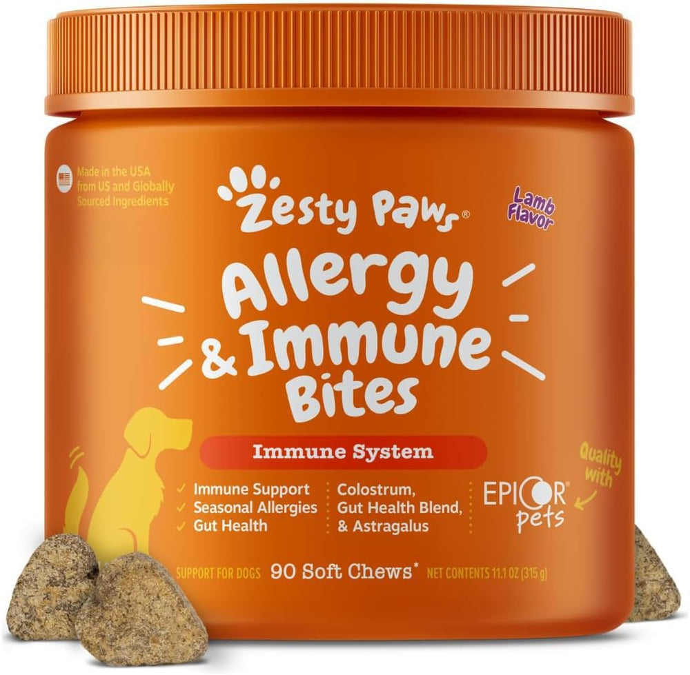 Zesty Paws front packaging showing 90-count bottle and lamb flavor benefits