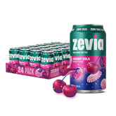 Zevia Cherry Cola frente del empaque mostrando el pack de 24 latas, ideal para reuniones