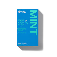 Zimba pack frontal mostrando 28 tiras menta para blanquear dientes y estética renovada