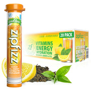 Zipfizz frente del empaque mostrando 20 sobres y sabor lemon iced tea para conveniencia