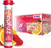 Zipfizz frontal del paquete Fruit Punch mostrando cantidad de 20 sobres y beneficios