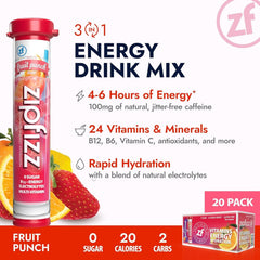 Vaso con Zipfizz Fruit Punch efervescente mostrando disolución rápida y refresco