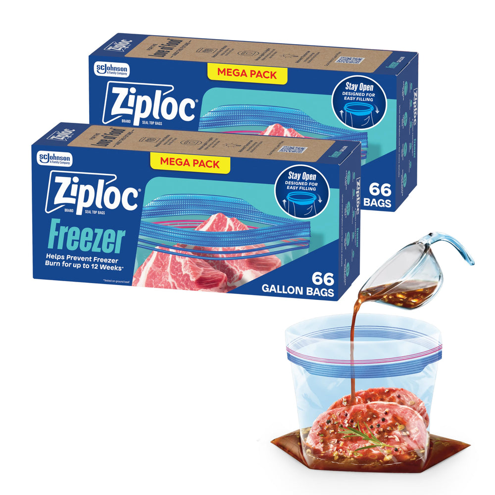 Ziploc empaque frontal mostrando 132 bolsas galón y ahorro