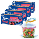 Ziploc paquete galón al frente mostrando cantidad y cierre, conveniencia de almacenamiento