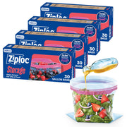 Ziploc paquete galón al frente mostrando cantidad y cierre, conveniencia de almacenamiento