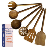 Ziruma front view of full 6-piece acacia utensil set highlighting sustainable packaging and quality