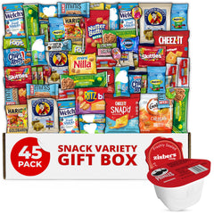 Zisbers caja frontal abierta mostrando 45 snacks variados, ideal para regalar