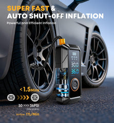 Ziweo inflator attached to a car tire demonstrating fast roadside top-up
