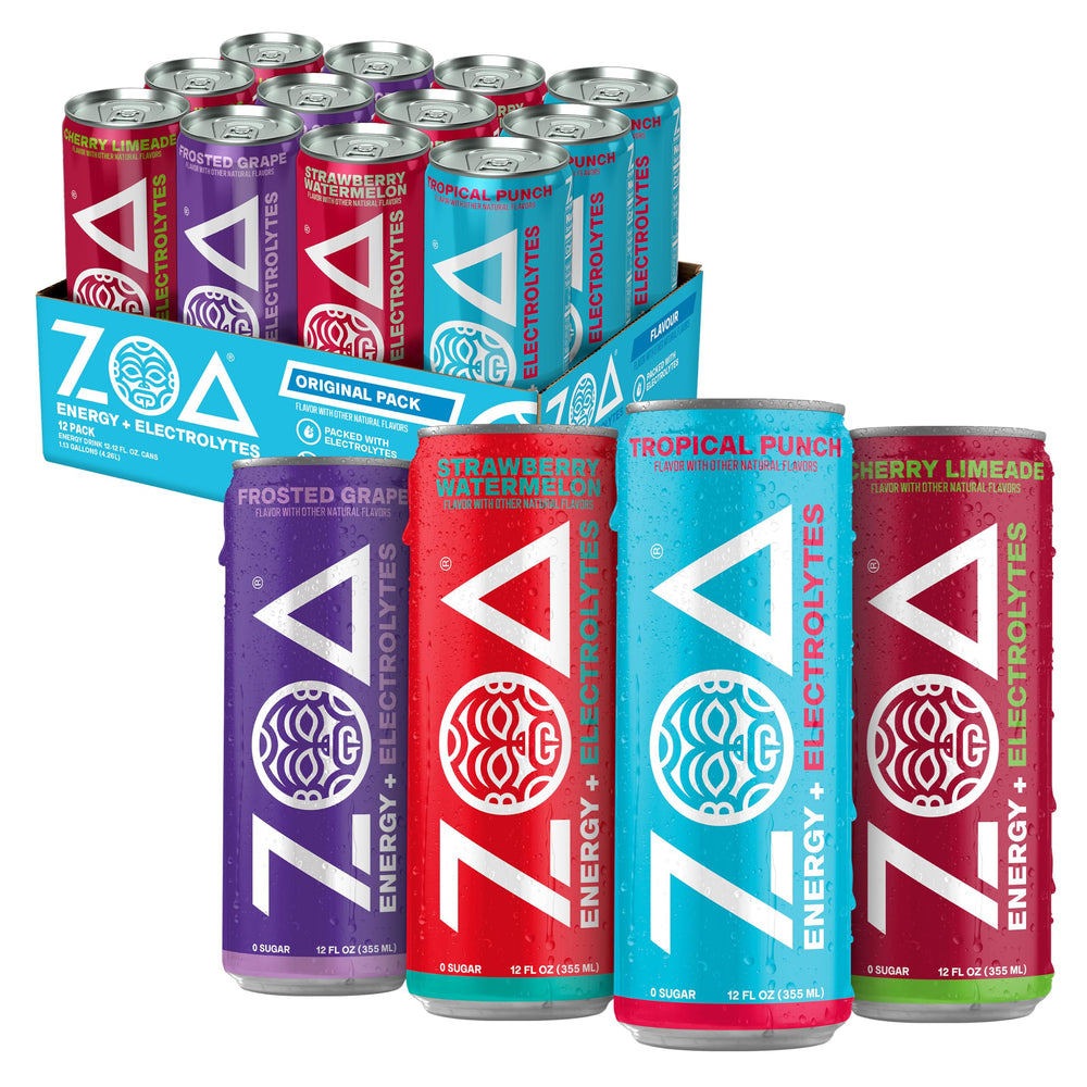 ZOA pack variedad 12 latas vista frontal con cuatro sabores y conveniencia