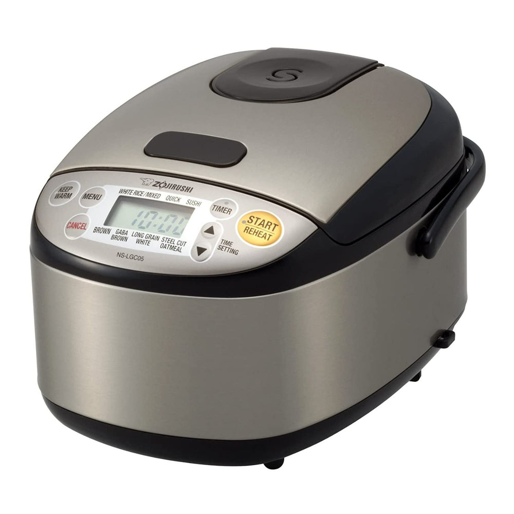 Zojirushi front view of compact rice cooker showing polished stainless finish and controls