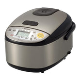 Zojirushi front view of compact rice cooker showing polished stainless finish and controls