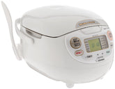 Zojirushi front view white rice cooker showing control panel and compact design for consistent cooking
