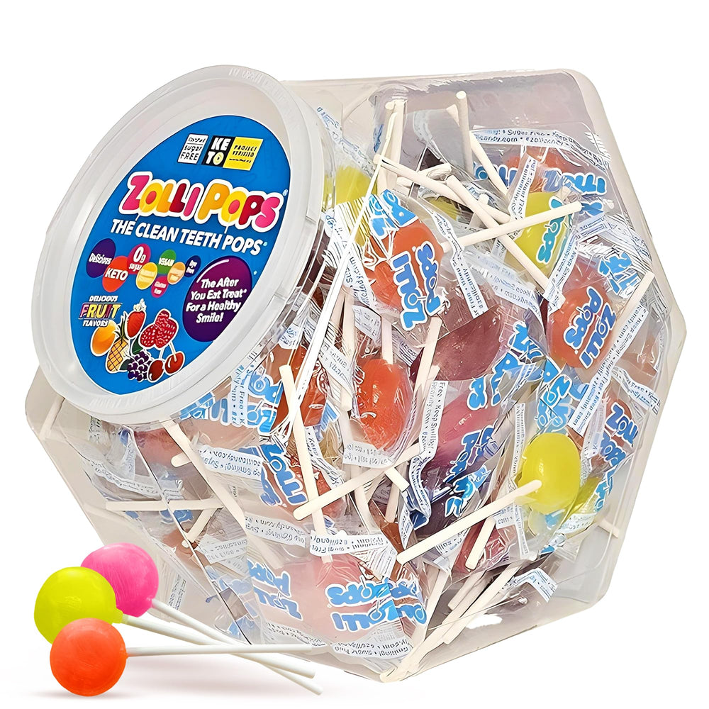 Zollipops frente del paquete que muestra la bolsa grande y beneficios para sonrisas