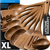 Zulay Kitchen front view of nine-piece teak utensil set, elegant gift appeal