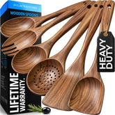 Zulay Kitchen front packaging showing six-piece teak utensil set and benefits