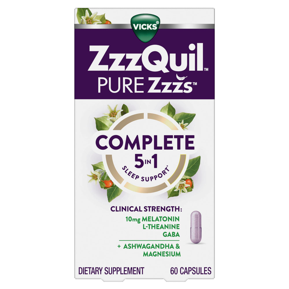 ZzzQuil envase frontal mostrando la fórmula completa y beneficios