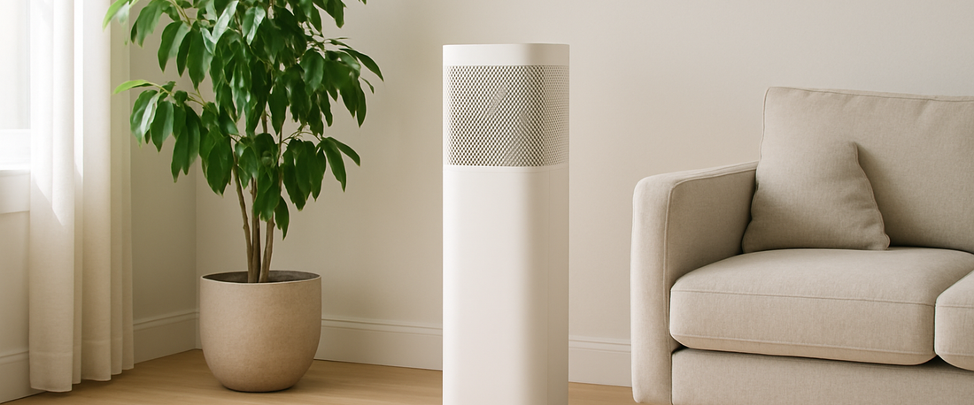 White air purifier in a bright living room — air purifier buying guide UK