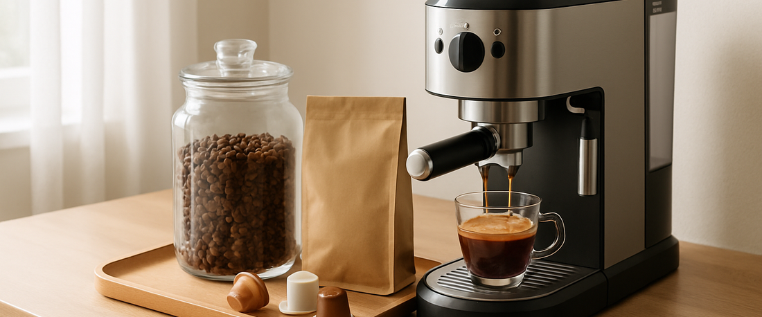 Espresso machine, beans, ground coffee and capsules on a wooden tray — coffee formats guide