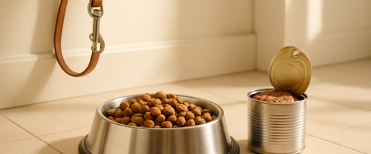 Dog bowl with kibble beside wet food on a kitchen floor — dry vs wet dog food guide