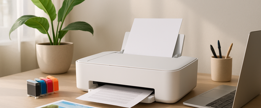 Inkjet printer with ink cartridges on a home office desk — printer ink guide