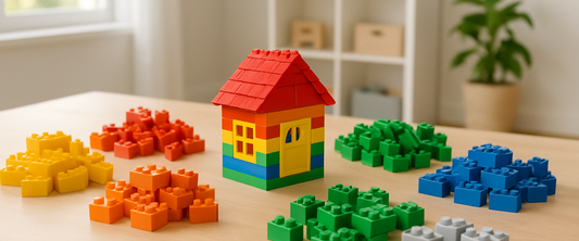 Colourful building bricks on a playroom table — LEGO sets by age gift guide