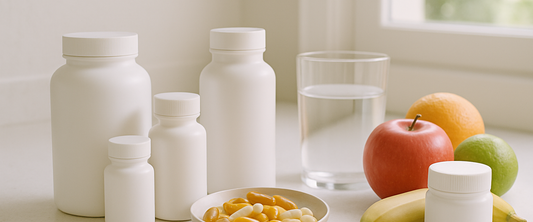 Assorted supplement bottles and capsules on a kitchen counter — multivitamin buying guide