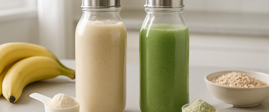 Protein shakes and powder scoops on a worktop — whey vs plant protein guide
