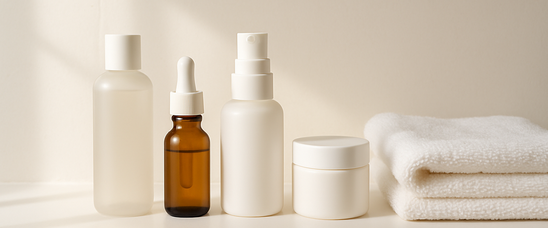 Minimal skincare products on a bathroom shelf — simple routine guide
