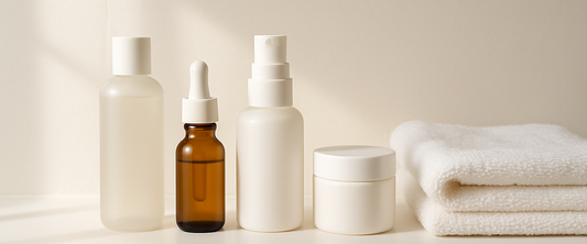 Minimal skincare products on a bathroom shelf — simple routine guide