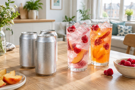 Chilled cans and glasses of pale pink and orange fizzy drinks with ice and sliced fruit on a kitchen table in a bright UK flat