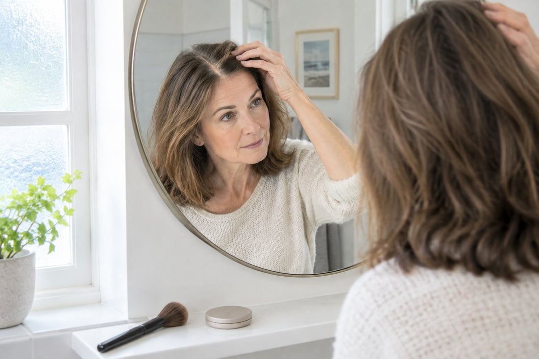 A woman in her fifties checking her hair parting in a bathroom mirror in a bright UK home, with a makeup brush and a small compact on the shelf