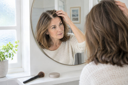A woman in her fifties checking her hair parting in a bathroom mirror in a bright UK home, with a makeup brush and a small compact on the shelf