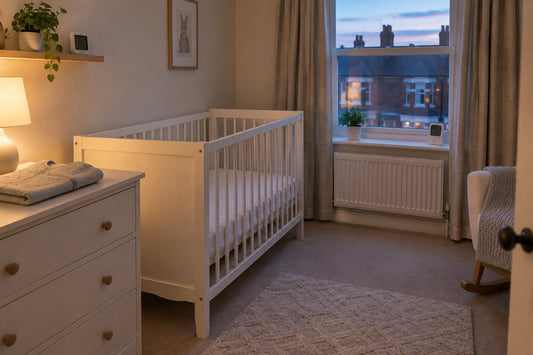 A tidy UK nursery at night with a white cot, firm flat mattress, a baby sleeping bag laid out ready and a small room thermometer on a shelf