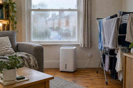 Condensation running down a UK sash window on a rainy autumn morning, with a dehumidifier and a clothes airer of drying laundry in the room