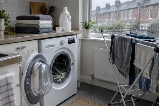Front-loading washing machine with its door open in a small UK terraced house kitchen, folded towels and a detergent scoop on the worktop