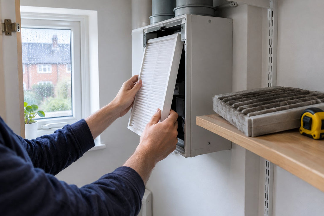 Person sliding a new pleated air filter into a ventilation unit in a UK utility cupboard, with a tape measure and old dusty filter beside it