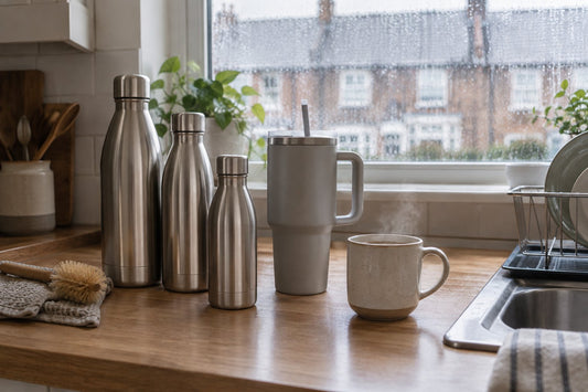Stainless steel insulated water bottles and a tumbler with a straw on a wooden worktop in a UK kitchen, rain on the window behind
