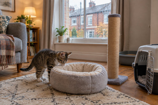Tabby kitten exploring a quiet UK living room with a scratching post, litter tray, soft bed and cat carrier set out beside a sofa