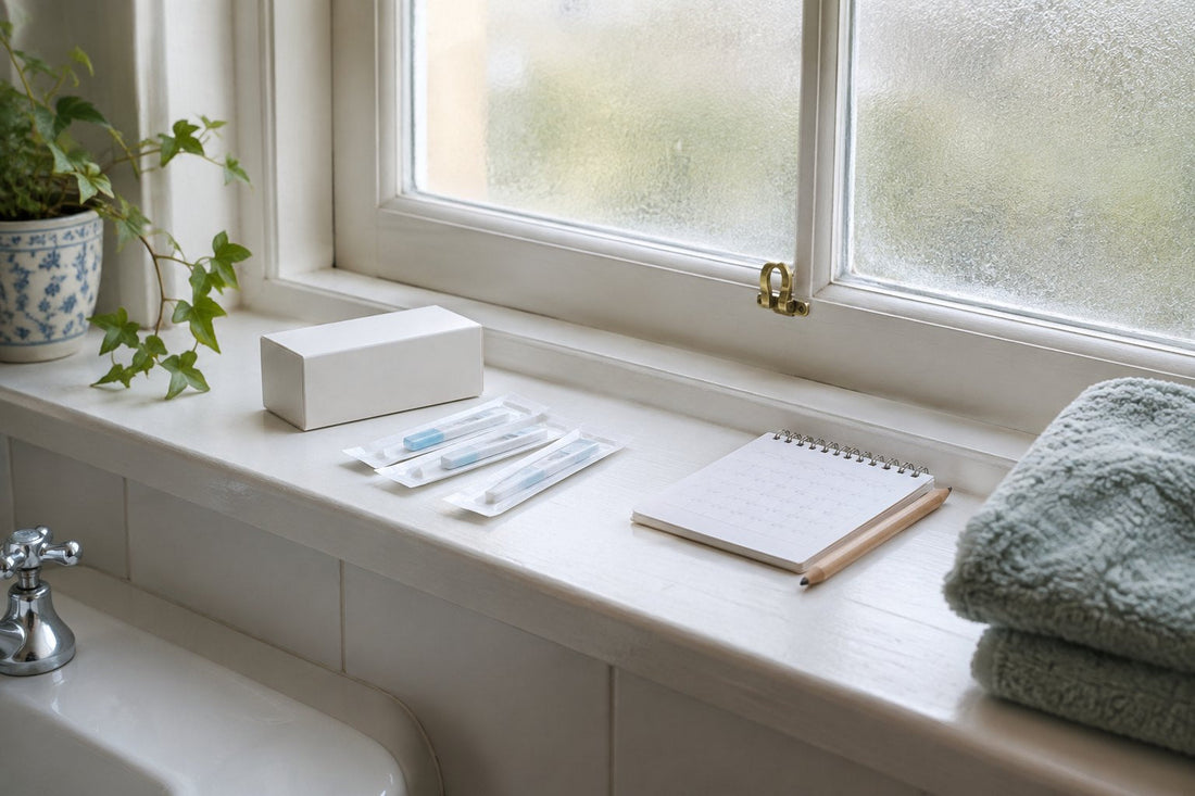 Unopened ovulation test kit and a paper cycle calendar on a bathroom windowsill in a UK home, with soft daylight through a frosted window