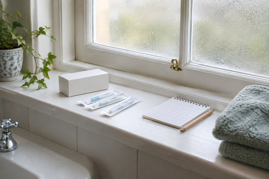 Unopened ovulation test kit and a paper cycle calendar on a bathroom windowsill in a UK home, with soft daylight through a frosted window