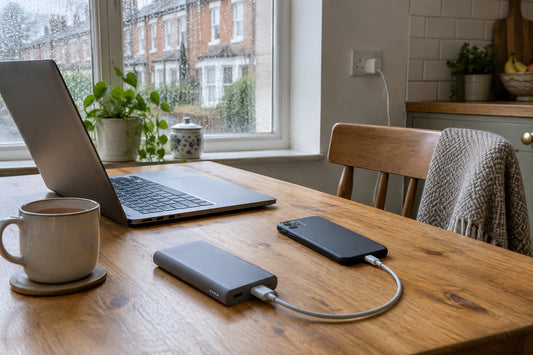 A power bank charging a smartphone on a wooden kitchen table in a UK home, with a USB-C cable, a laptop and a rainy window behind